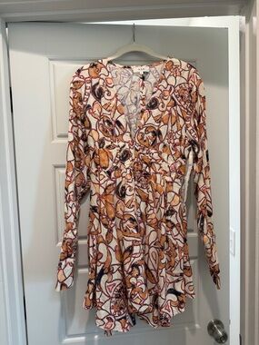 A.L.C. Floral-Print Long-Sleeve V-Neck Dress in Ivory and Mustard